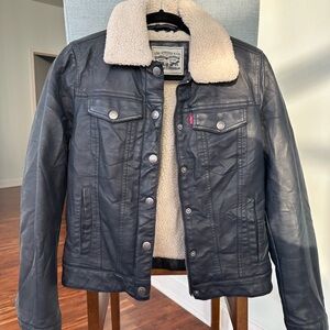 Vintage Levi's Navy Leather Jacket with Cream Collar